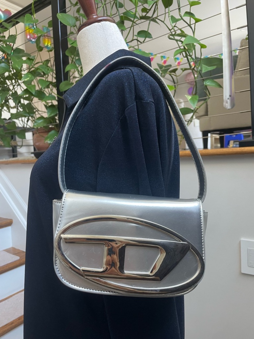 Silver Shoulder Bag with Bold Oval Hardware